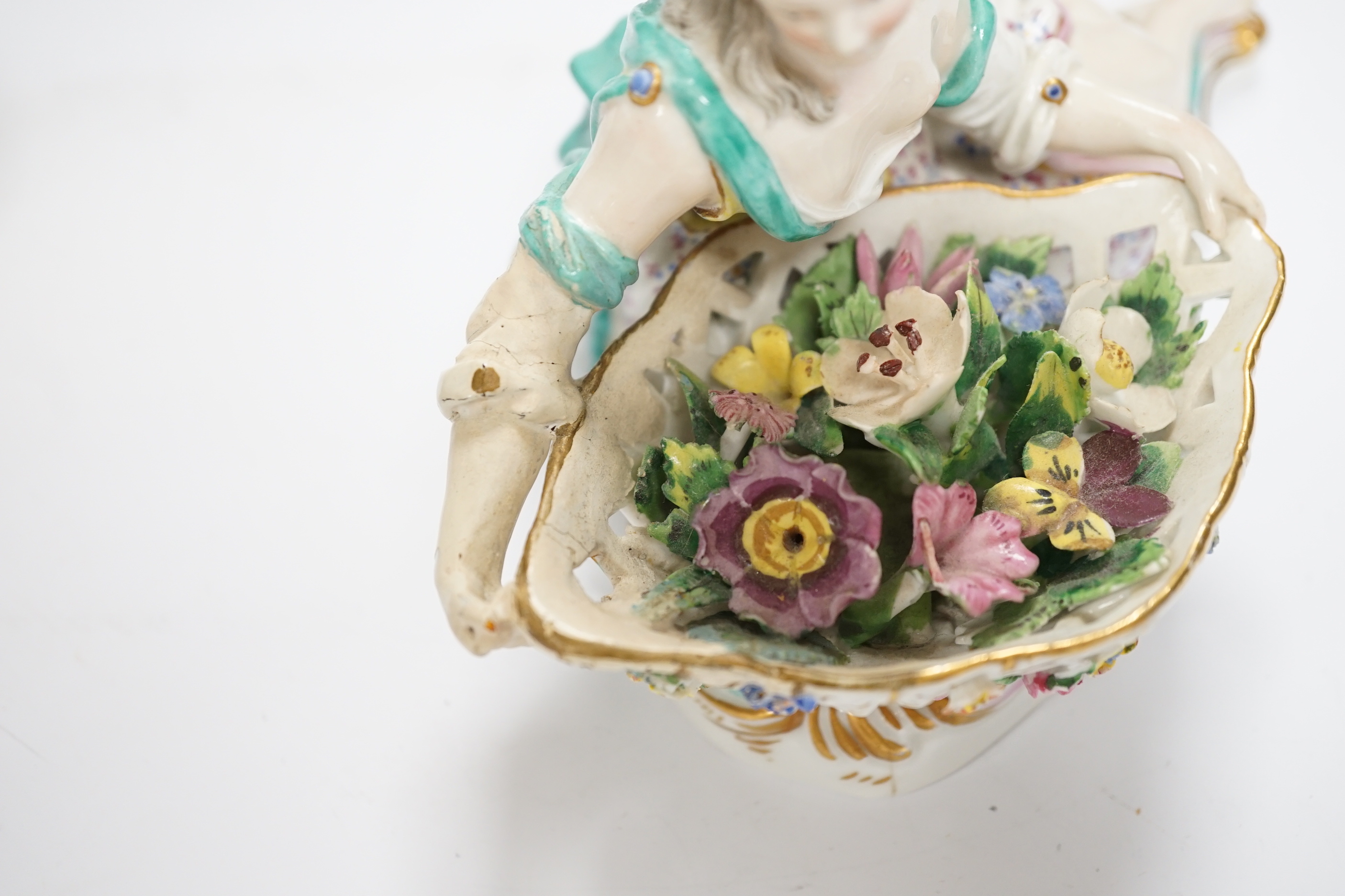 Two pairs of German porcelain figural basket groups, tallest 13cm